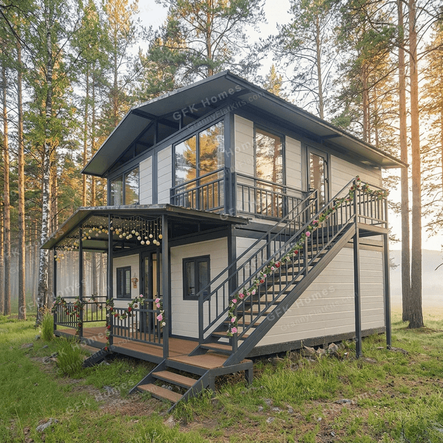 Three-quarter view of the 2 storey granny flat kit showing external staircase, upper balcony and forest setting