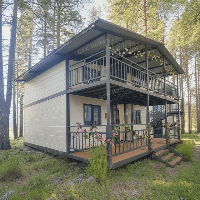 Side angle view of the two-storey granny flat kit showing weatherboard cladding and skillion roof profile
