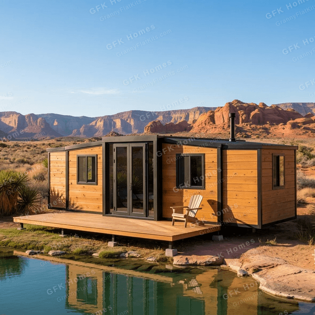 Three-quarter view of the transportable cabin showing full structure with both wings expanded, timber deck, and desert landscape