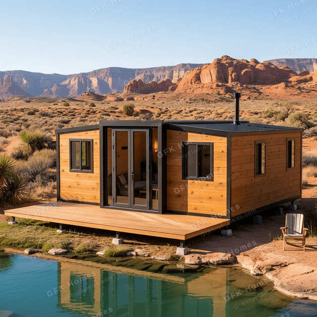 Side angle view of the transportable cabin showing expanded wing sections and concrete pier foundation