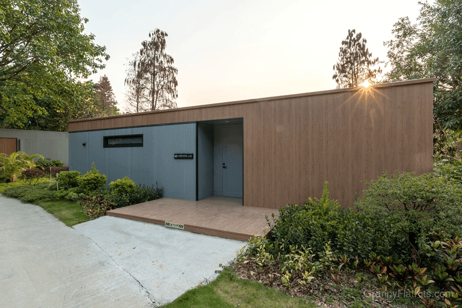 Prefab granny flat kit angle view showing distinctive pitched roof profile