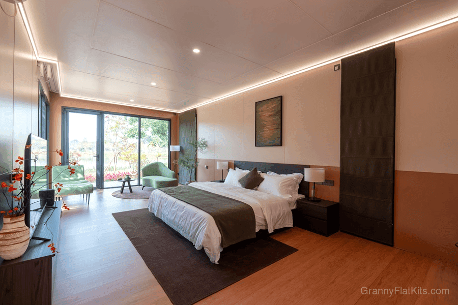 Extended modular home bedroom with natural light