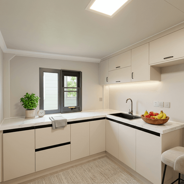 Modern fitted kitchen inside expandable granny flat
