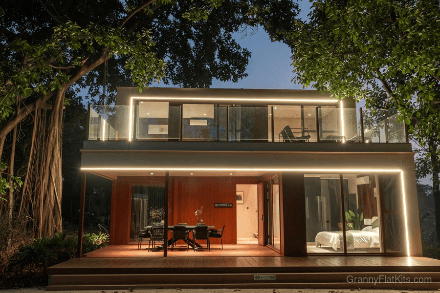 Outdoor balcony with garden views from modular family residence